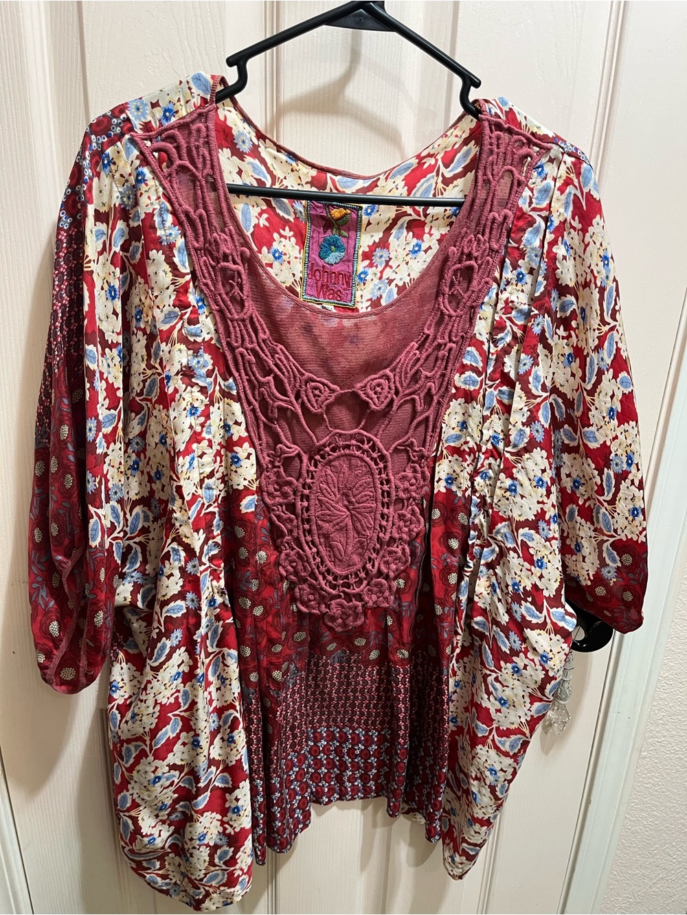 Johnny Was Red Floral Crochet-Front Boho Tunic